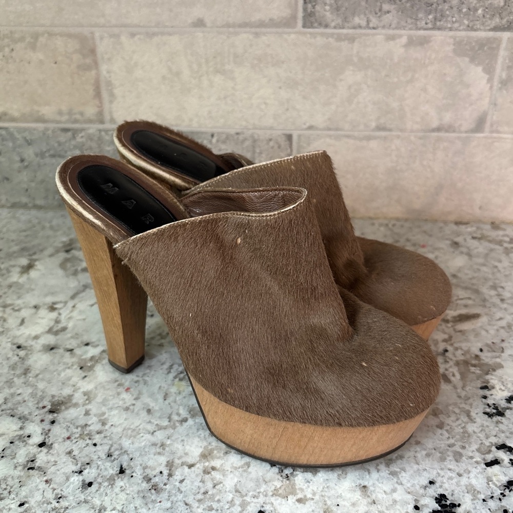 Marni Brown Pony-Hair Platform Clogs